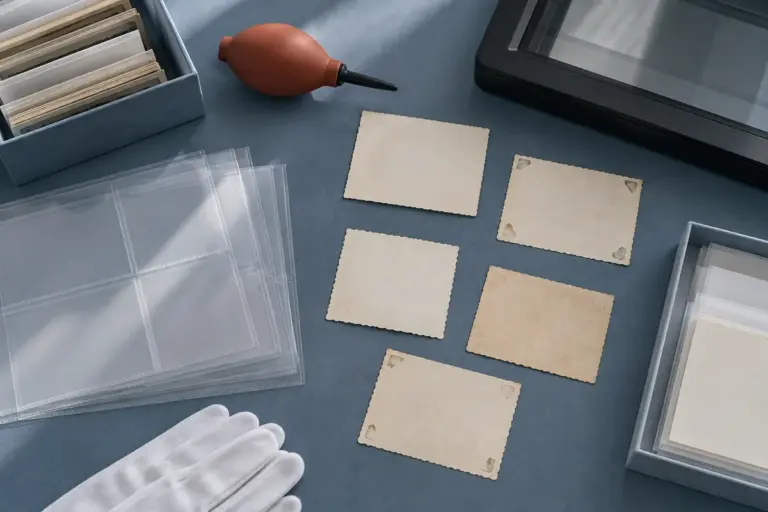 Archival supplies and photographs arranged for safe scanning