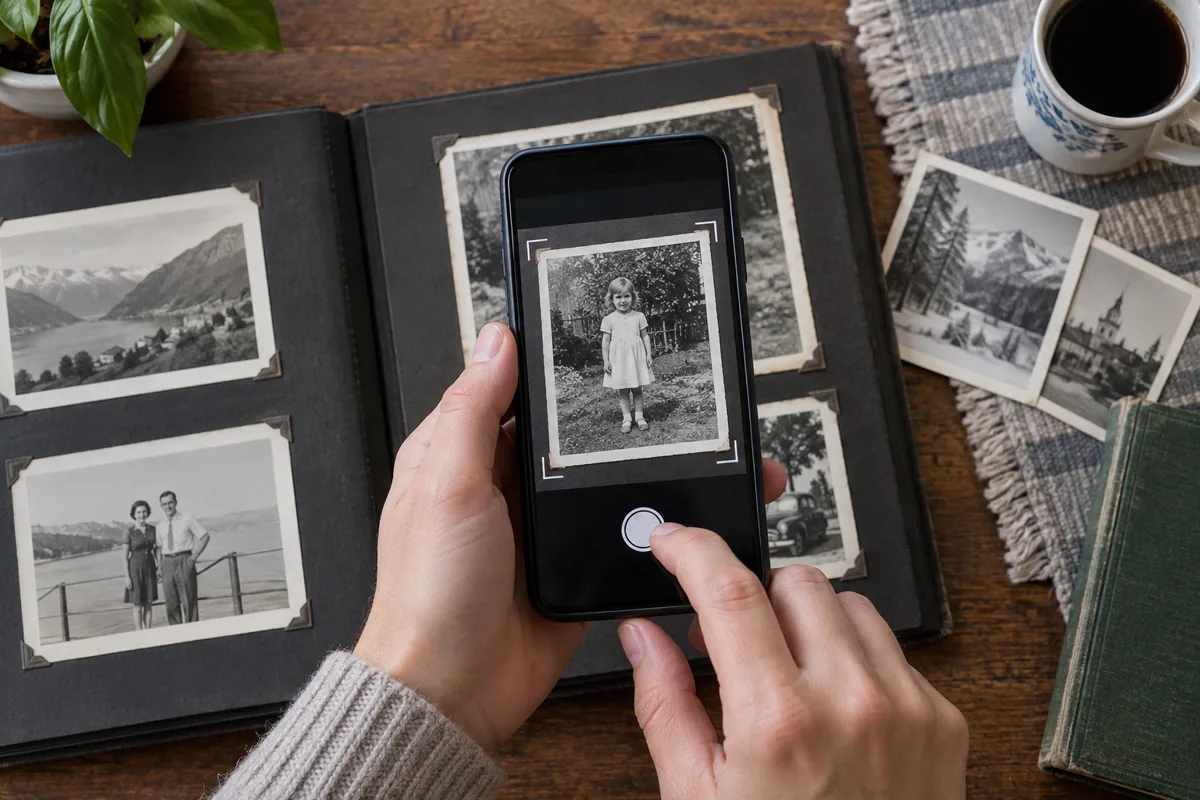 A smartphone scanning an old printed photo album