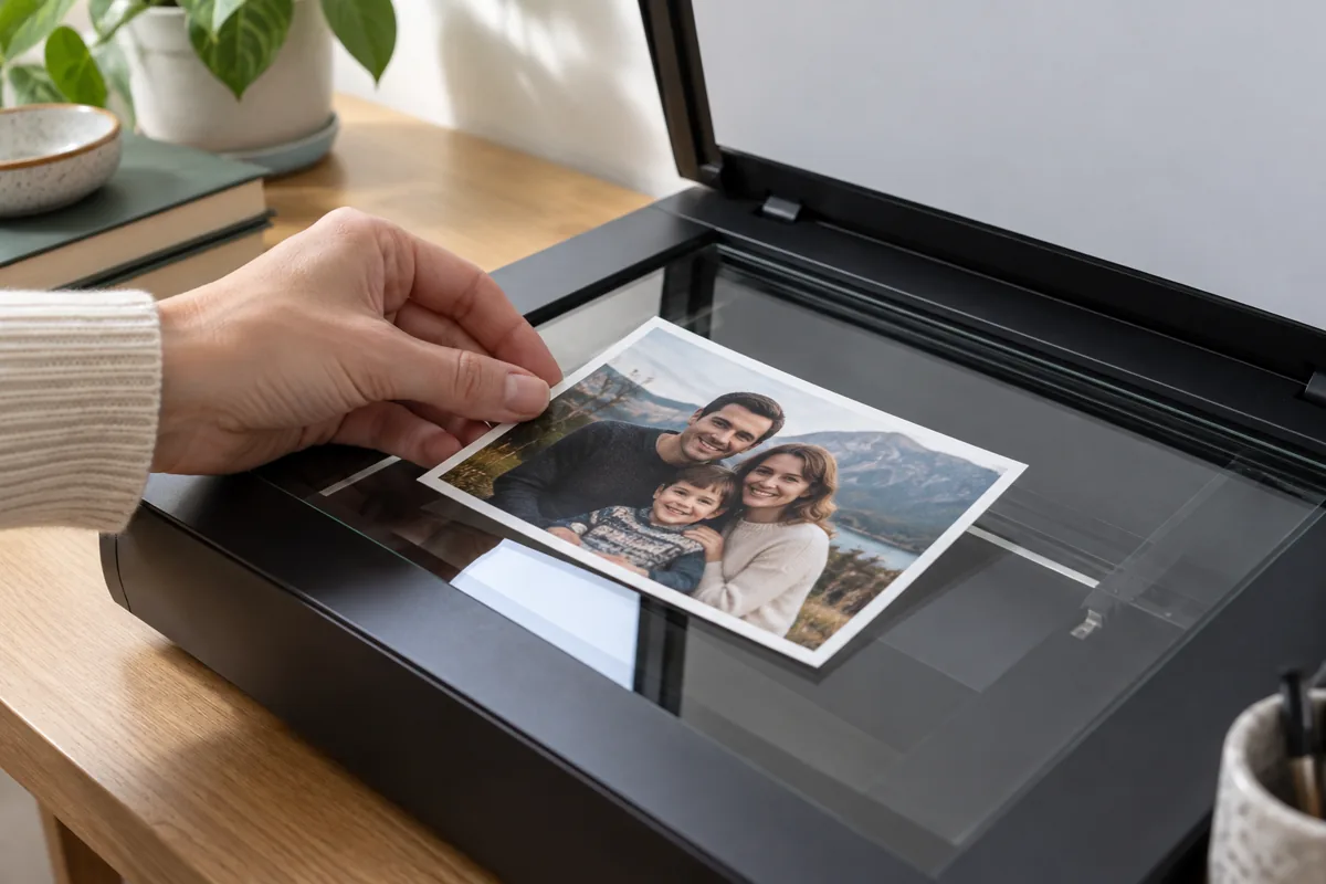 An old printed photograph placed on a flatbed scanner