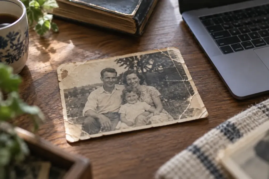 A faded vintage family photograph on a table next to a laptop