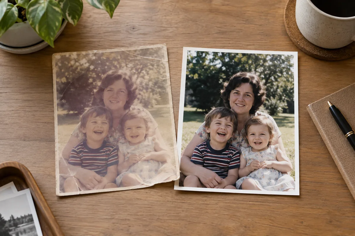 Two printed photographs side by side, one faded and one clearer