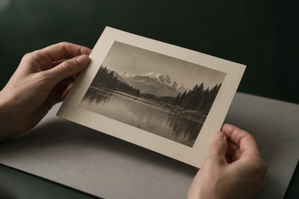 Hands supporting the edges of a mounted photograph safely