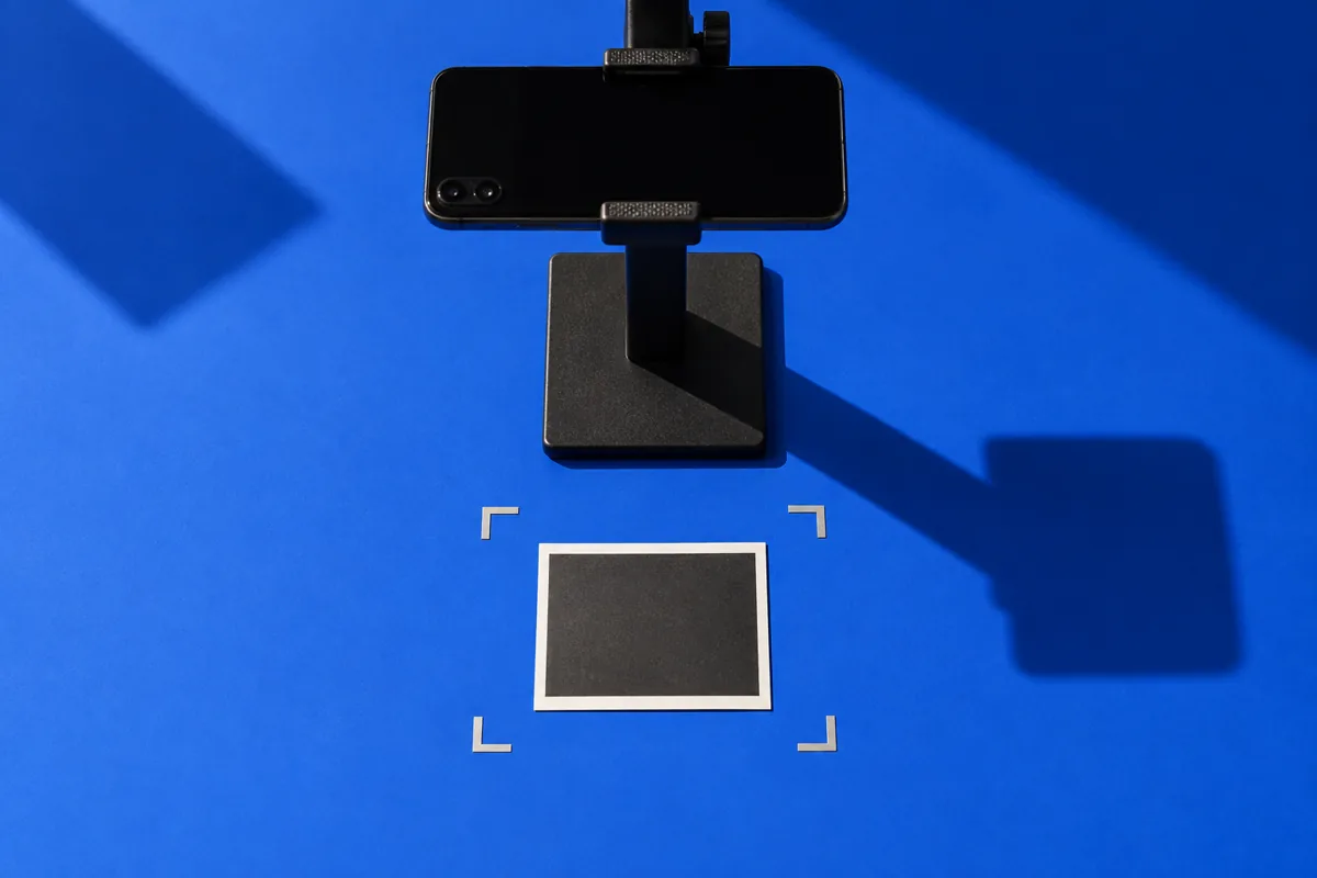 Level phone capture setup above a photographic print